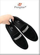 Piergitar Six Colors Meteor Shower Velvet Men's Loafers With Sliver Rhinestones Metal Buckle Handmade Slip-On Classic Moccasins