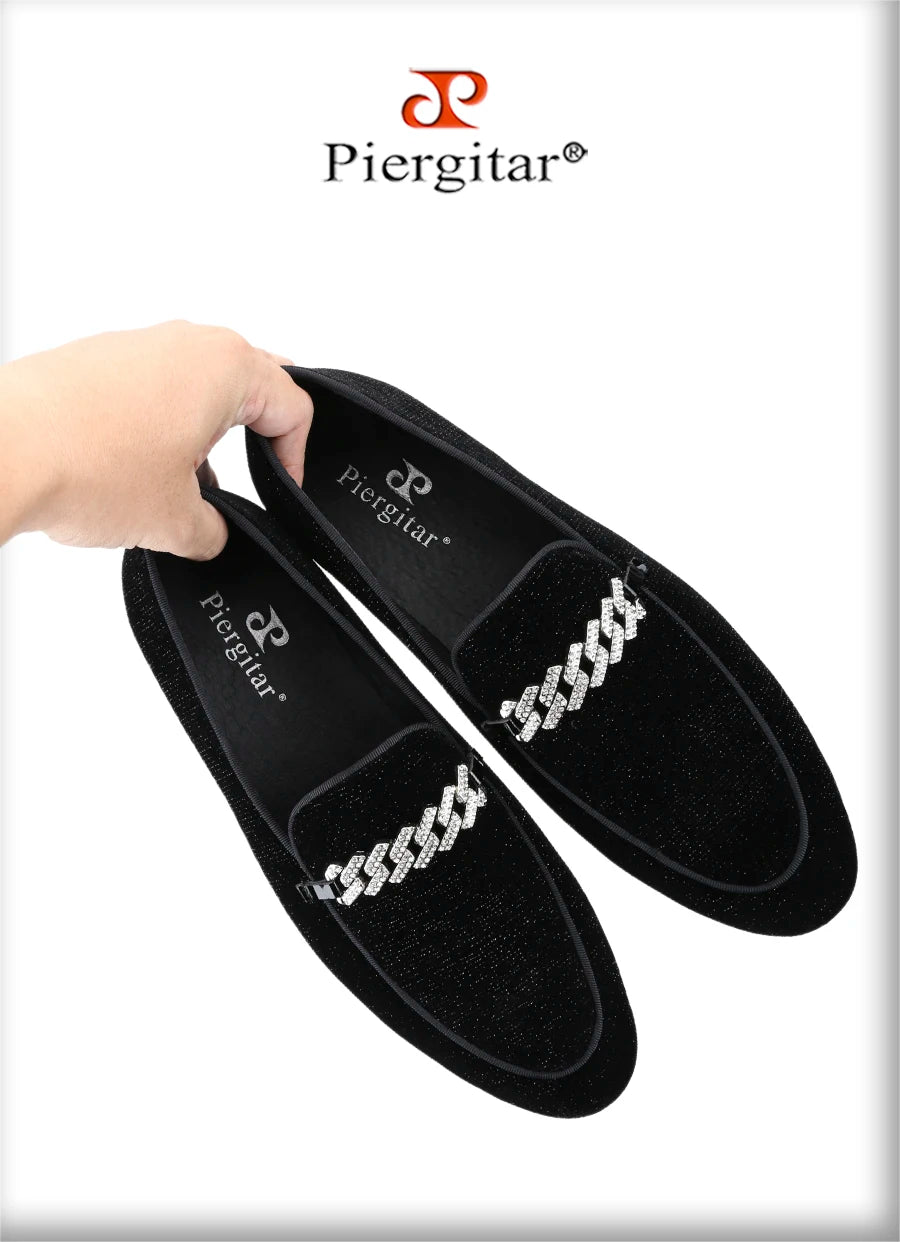 Piergitar Six Colors Meteor Shower Velvet Men's Loafers With Sliver Rhinestones Metal Buckle Handmade Slip-On Classic Moccasins