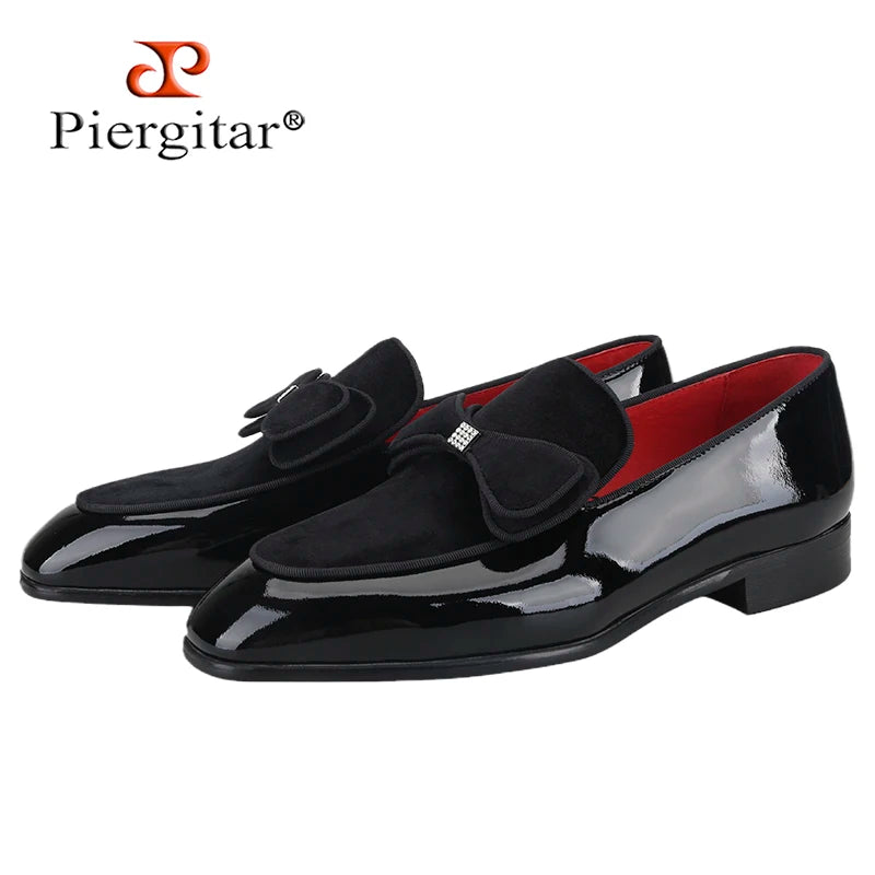 Piergitar Black Patent Leather Patchwork Velvet Men's Loafers Handmade Bow Tie Moccasins British Classic Style Smoking Slippers