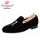 Piergitar Handmade Custom Initials Embroidery Men's Loafers Black Velvet Slip-On Smoking Slippers For Wedding Or Party Red Sole