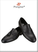 Piergitar Imported From Italy Black Calfskin Penny Loafers Handmade Removable Fringes Slip-On Smoking Slippers For Wedding/Party