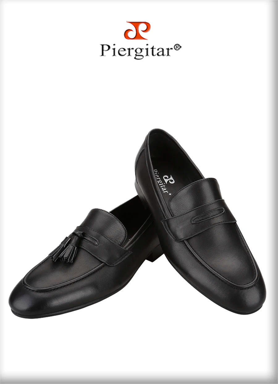 Piergitar Imported From Italy Black Calfskin Penny Loafers Handmade Removable Fringes Slip-On Smoking Slippers For Wedding/Party