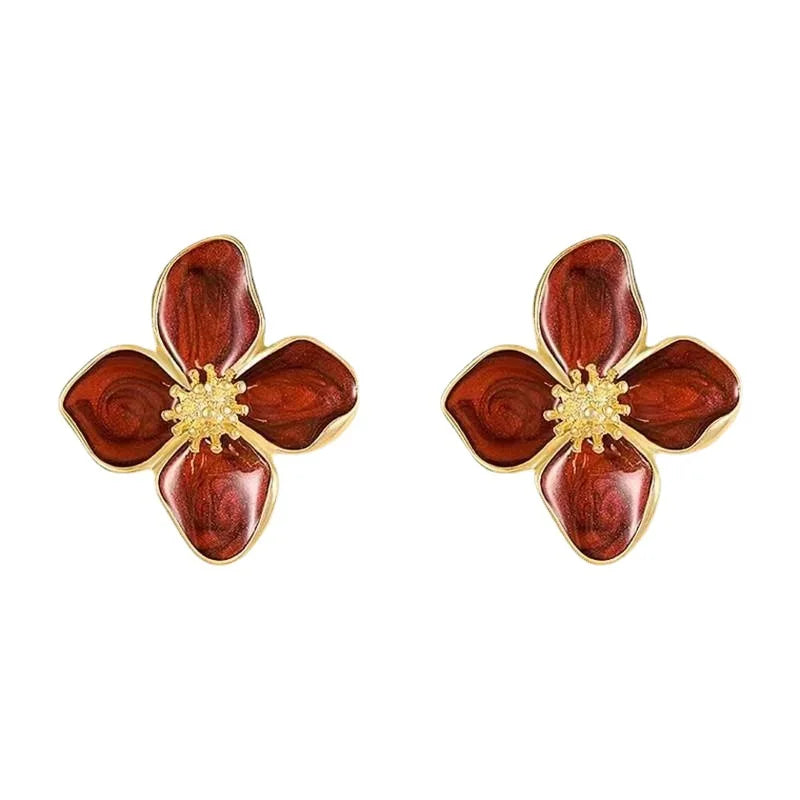 Women Retro Drip Glaze Red Flower Earrings