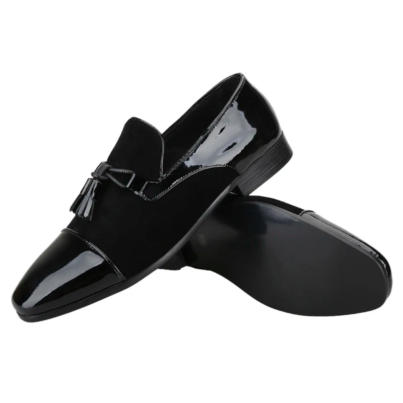 Piergitar Black Suede And Patent Leather Slip-On Slipper With Matched Tassels British Classic Style Handmade Men's Loafers