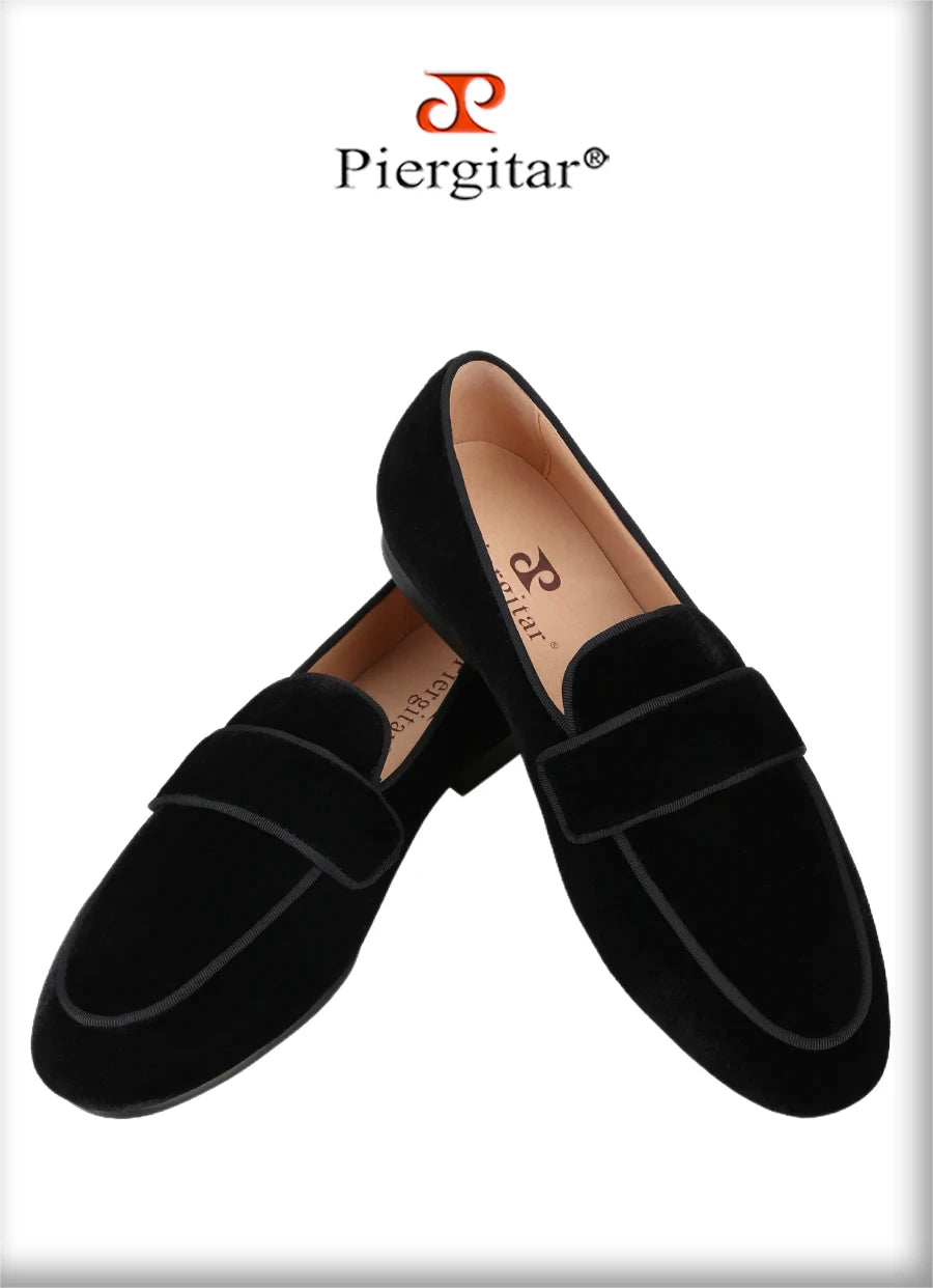 Piergitar Handmade Black Color Slip-On Loafers For Fashion Party And Wedding Men Velvet Shoes Smoking Slippers Leather Insole