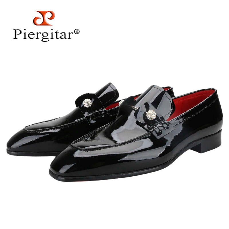 Piergitar Black Patent Calf Leather Men's Loafers With Silver Balls Crystals Buckles Handmade Moccasins For Wedding Or Prom Wear