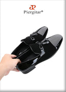 Piergitar Black Suede And Patent Leather Slip-On Slipper With Matched Tassels British Classic Style Handmade Men's Loafers