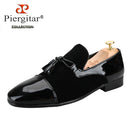 Piergitar Black Suede And Patent Leather Slip-On Slipper With Matched Tassels British Classic Style Handmade Men's Loafers