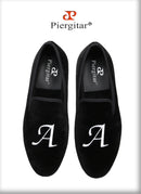 Piergitar Handmade Custom Initials Embroidery Men's Loafers Black Velvet Slip-On Smoking Slippers For Wedding Or Party Red Sole