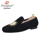 Piergitar Handmade Men's Smoking Slippers With Classic Sun And Moon Embroidery For Fashion Party Slip-On Loafers Leather Insole