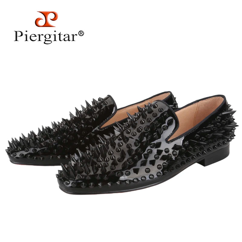 Piergitar Black Patent Leather Men's Loafers With Handmade Different Shapes Of Spikes For Fashion Party CL Brand Red Sole Shoes