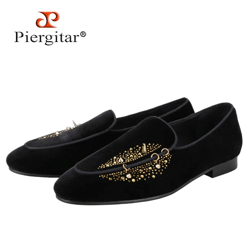 Piergitar Black Velvet Men's Slippers Shoes Luxury Brand Same Design Handcrafted Studs And Crystals Slip-On Loafers For Party