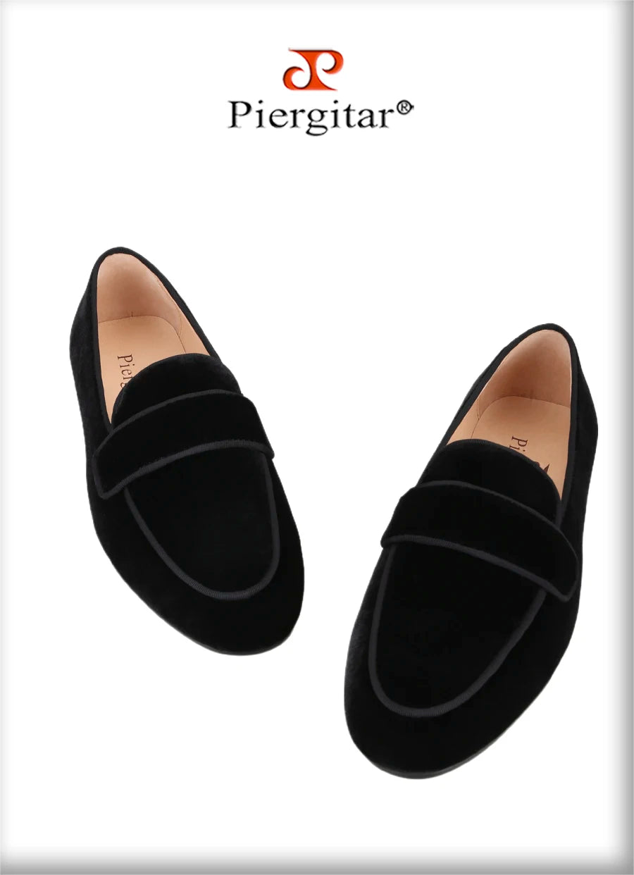 Piergitar Handmade Black Color Slip-On Loafers For Fashion Party And Wedding Men Velvet Shoes Smoking Slippers Leather Insole