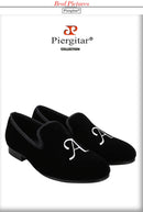 Piergitar Handmade Custom Initials Embroidery Men's Loafers Black Velvet Slip-On Smoking Slippers For Wedding Or Party Red Sole