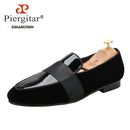 Piergitar Black Velvet Patchwork Patent Leather Men Loafers With Horizontal Band Handmade Flats Suitable For Party Formal Suits