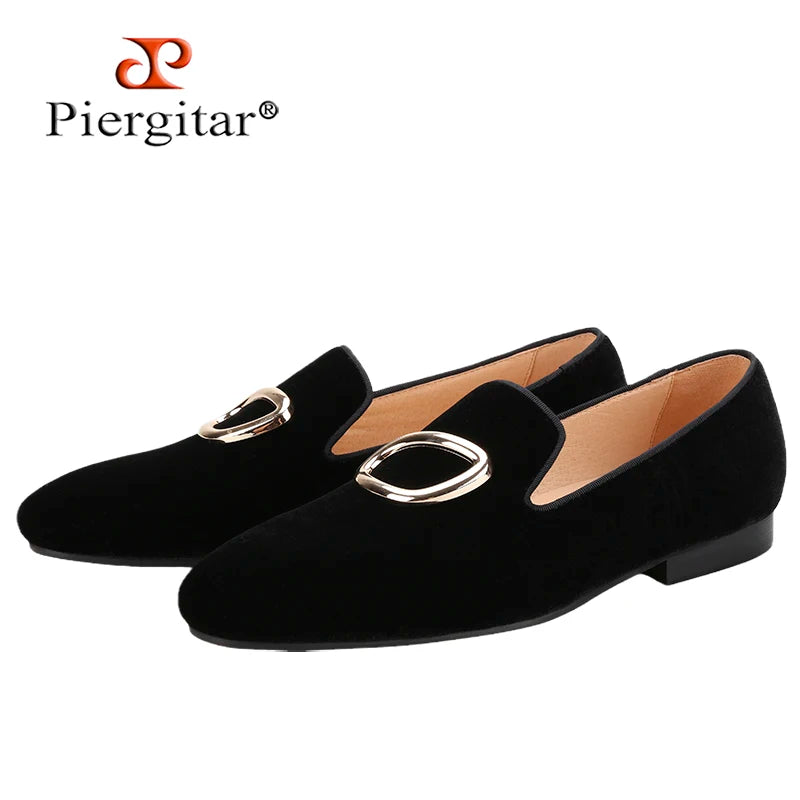 Piergitar Black Velvet Classic Men's Loafers For Fashion Party And Wedding Circle Metal Buckles Slip-On Flats Red Color Outsoles