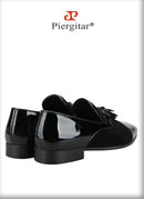 Piergitar Black Suede And Patent Leather Slip-On Slipper With Matched Tassels British Classic Style Handmade Men's Loafers