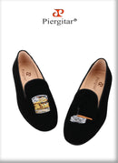 Piergitar Handmade Men Loafers With Cigarette And Ashtray Embroidery For Fashion Party Black Velvet Slip-On Smoking Slippers