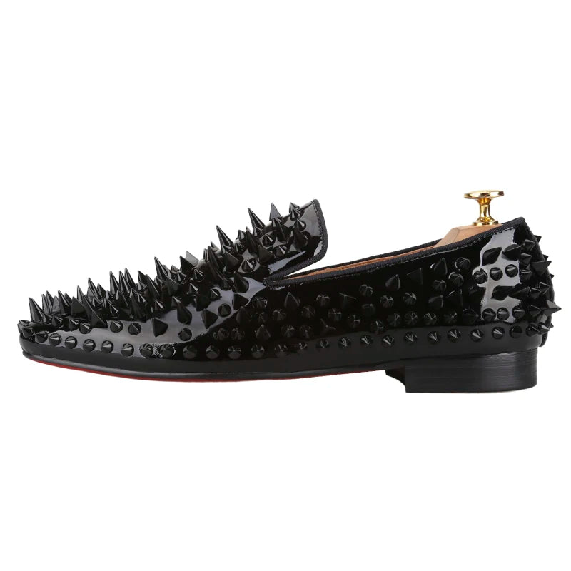 Piergitar Black Patent Leather Men's Loafers With Handmade Different Shapes Of Spikes For Fashion Party CL Brand Red Sole Shoes