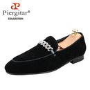 Piergitar Six Colors Meteor Shower Velvet Men's Loafers With Sliver Rhinestones Metal Buckle Handmade Slip-On Classic Moccasins