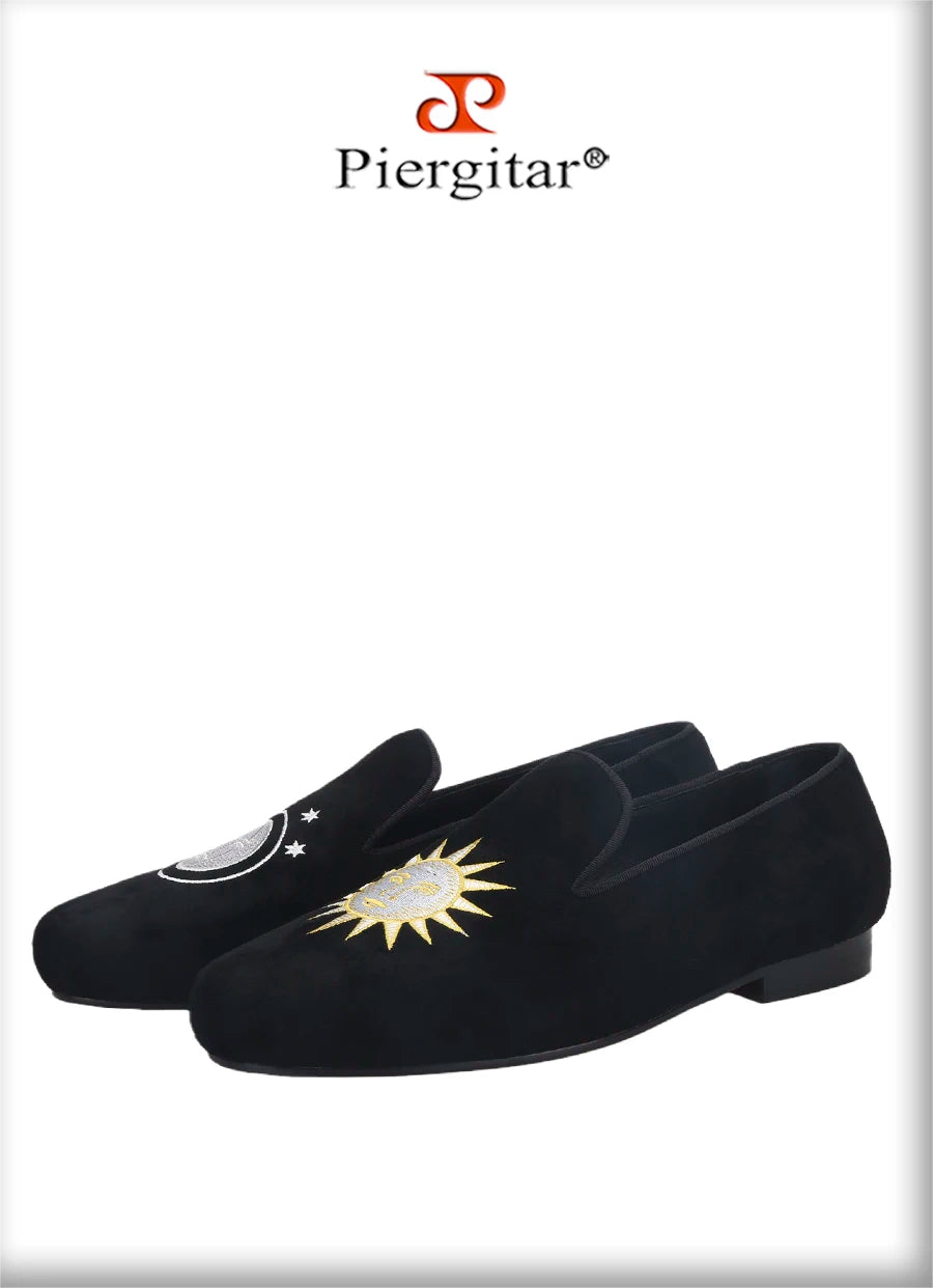 Piergitar Handmade Men's Smoking Slippers With Classic Sun And Moon Embroidery For Fashion Party Slip-On Loafers Leather Insole