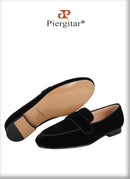 Piergitar Handmade Black Color Slip-On Loafers For Fashion Party And Wedding Men Velvet Shoes Smoking Slippers Leather Insole