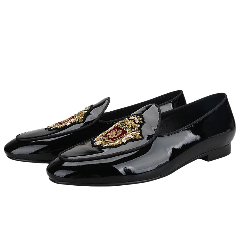 Piergitar Black Patent Leather Men's Loafers With Manual Embroidery Patches Imported From India Slip-On Moccasins Red Outsoles