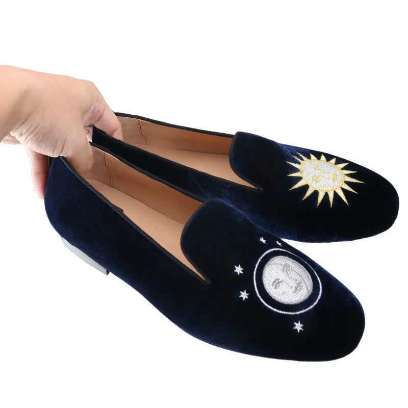 Piergitar Handmade Men's Smoking Slippers With Classic Sun And Moon Embroidery For Fashion Party Slip-On Loafers Leather Insole