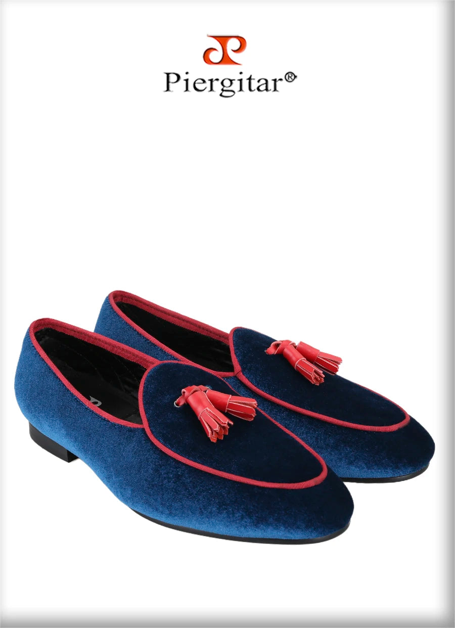 Piergitar Two Colors Top Quality Velvet Men's Loafers British Classic Style Handmade Tassels Slippers For Party And Banquet