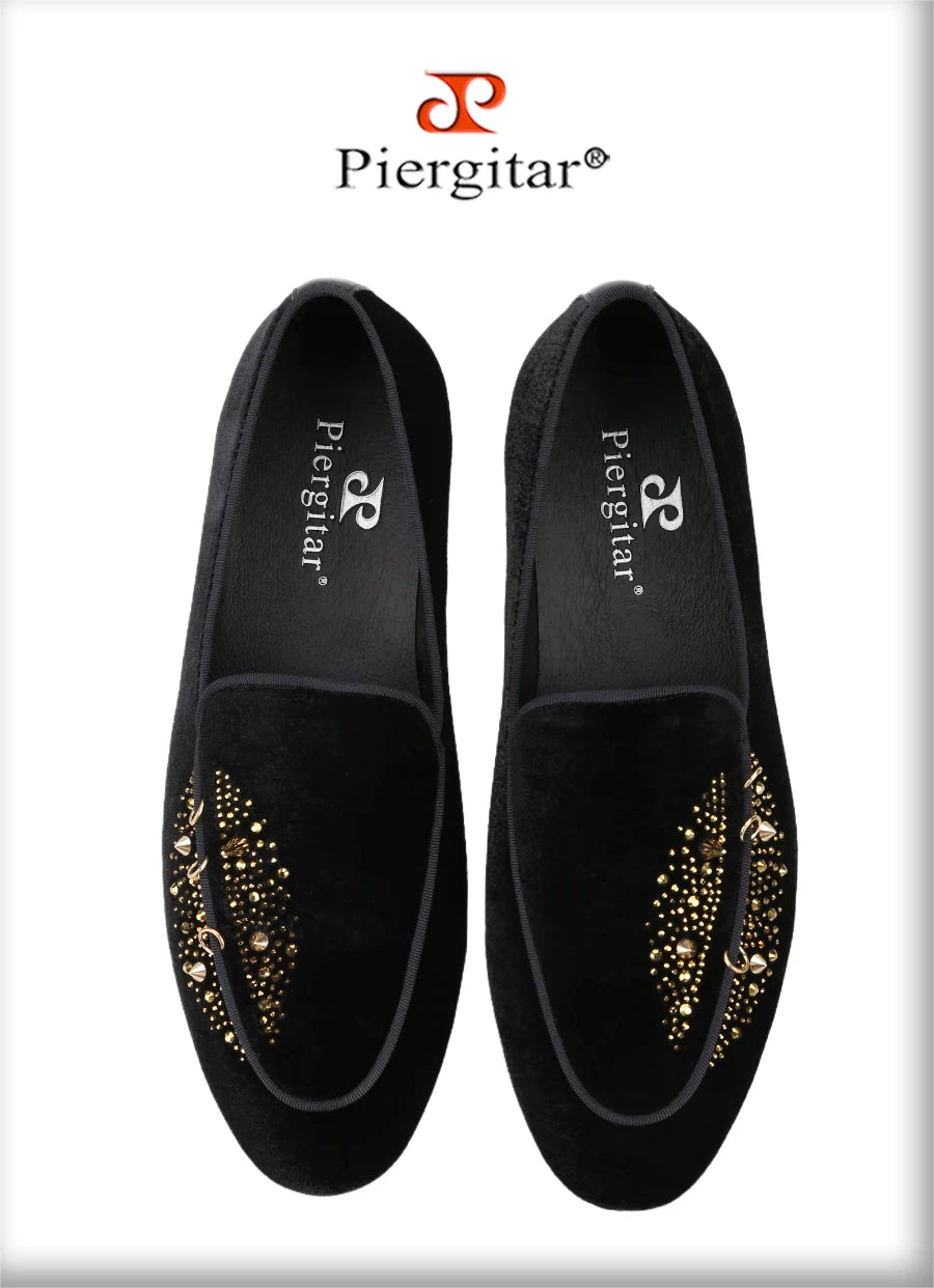 Piergitar Black Velvet Men's Slippers Shoes Luxury Brand Same Design Handcrafted Studs And Crystals Slip-On Loafers For Party