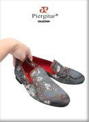 Piergitar Chinese Style Plum Blossom Print Fabric Silppers Loafers Handmade Slip-On Moccasins Plus Size Men's Casual Shoes