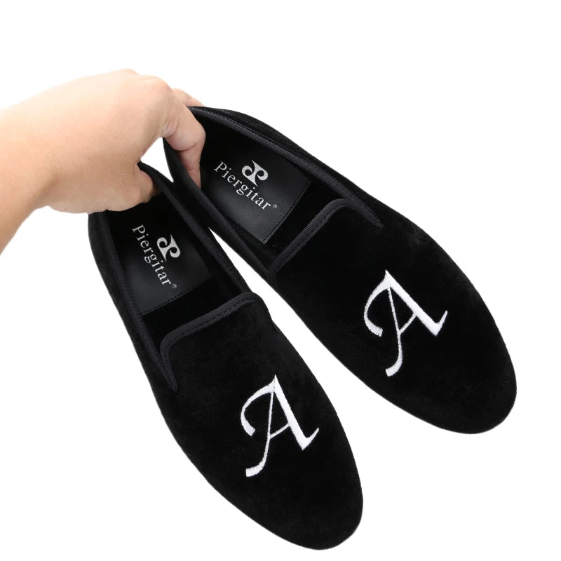 Piergitar Handmade Custom Initials Embroidery Men's Loafers Black Velvet Slip-On Smoking Slippers For Wedding Or Party Red Sole