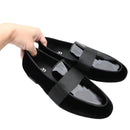 Piergitar Black Velvet Patchwork Patent Leather Men Loafers With Horizontal Band Handmade Flats Suitable For Party Formal Suits