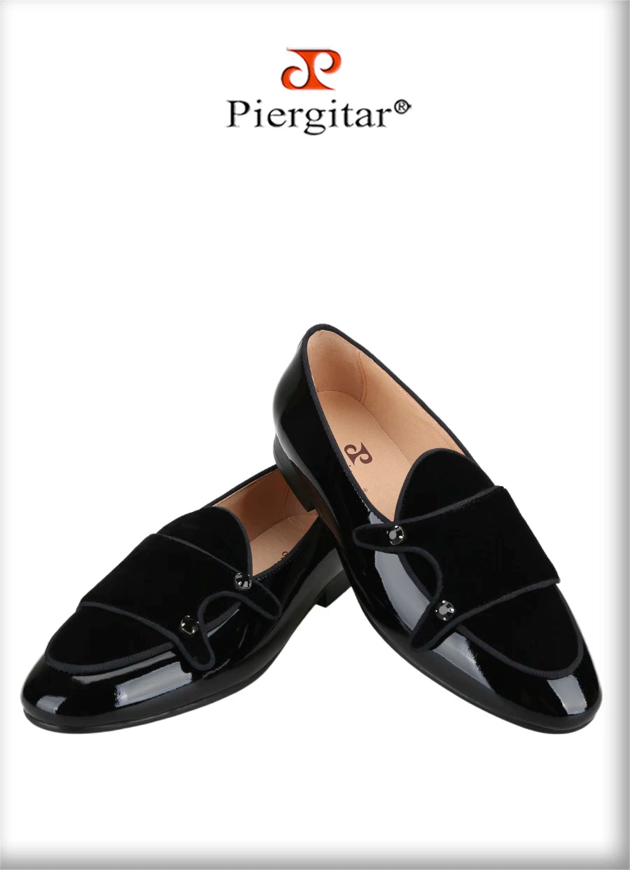 Piergitar Black Patent Leather Men's Dress Shoes Rhinestone Buckle Belgian Loafers For Wedding And Banquet Handmade In GuangZhou