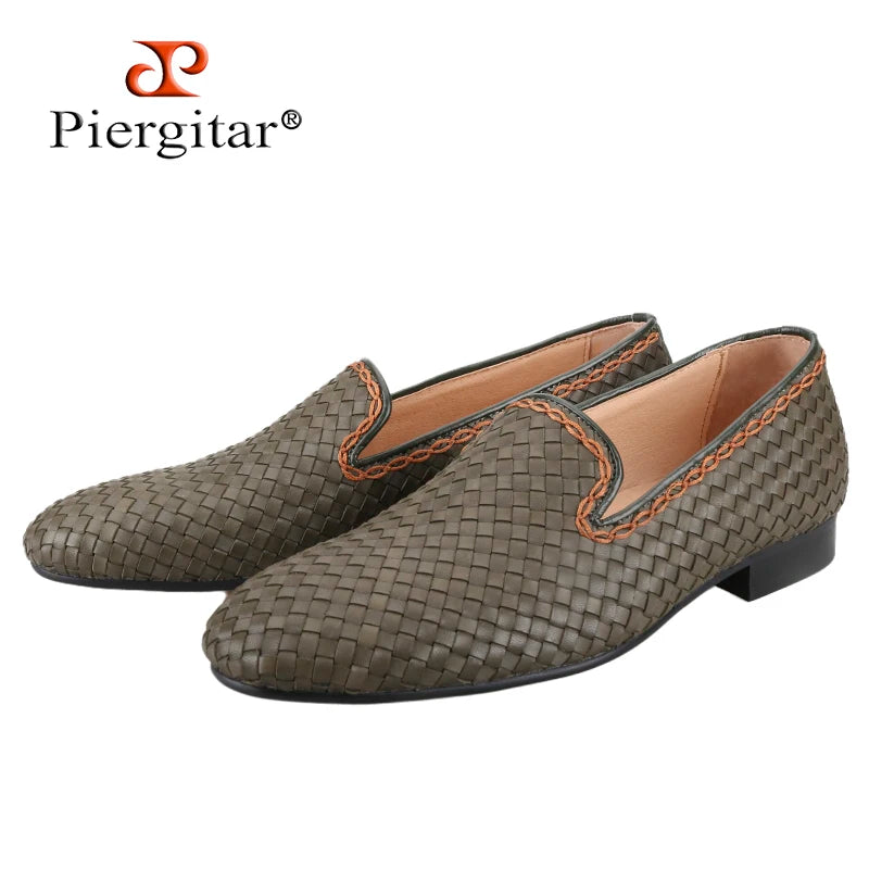 Piergitar Tricolour Woven Leather Slip-On Men's Loafers Around Hand-Braided Ropes Perfect Match Wedding And Party Suit Formal