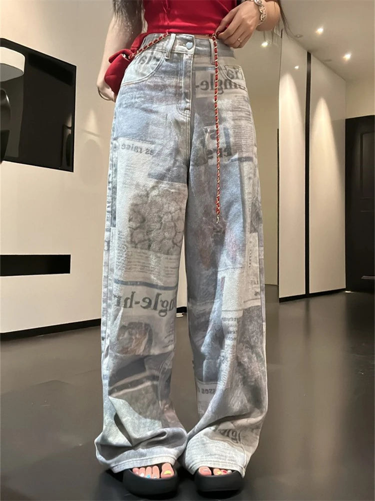 Women's Newspaper Print Design Personality Jeans