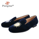 Piergitar Handmade Men's Smoking Slippers With Classic Sun And Moon Embroidery For Fashion Party Slip-On Loafers Leather Insole