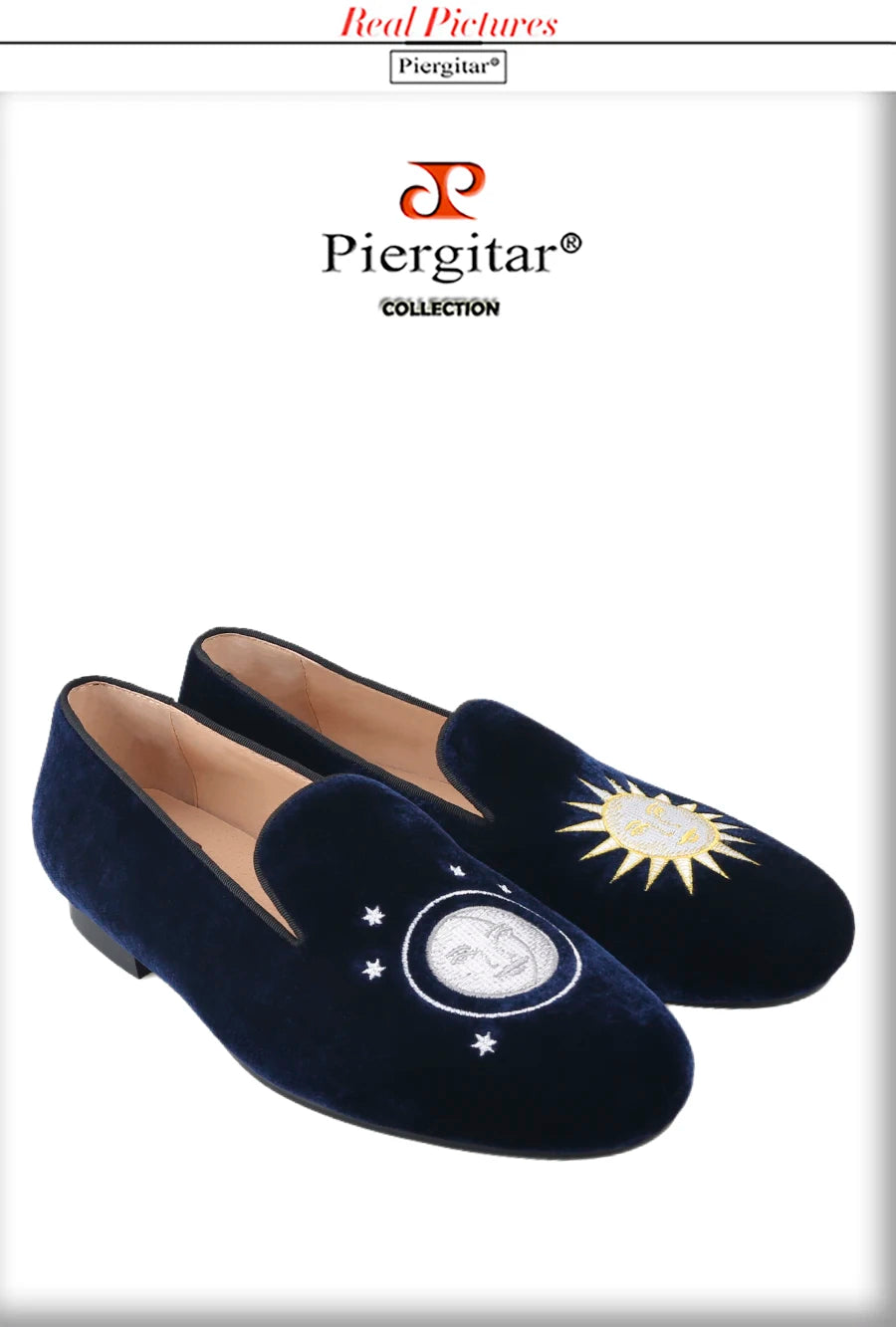 Piergitar Handmade Men's Smoking Slippers With Classic Sun And Moon Embroidery For Fashion Party Slip-On Loafers Leather Insole