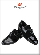 Piergitar Black Suede And Patent Leather Slip-On Slipper With Matched Tassels British Classic Style Handmade Men's Loafers