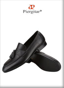 Piergitar Imported From Italy Black Calfskin Penny Loafers Handmade Removable Fringes Slip-On Smoking Slippers For Wedding/Party