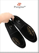 Piergitar Black Velvet Men's Slippers Shoes Luxury Brand Same Design Handcrafted Studs And Crystals Slip-On Loafers For Party