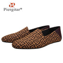 Piergitar New Plaid Stereoscopic Jacquard Fabric Men's Loafers Back Soft Sheepskin Smoking Slippers Handmade Slip-on Moccasin