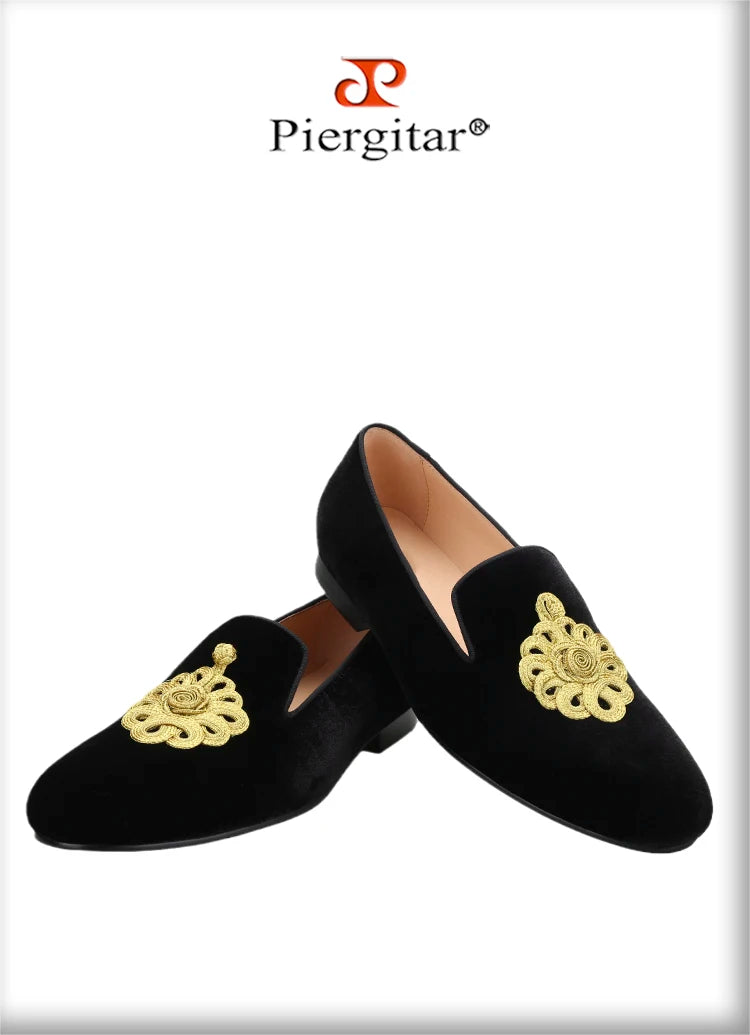 Piergitar Black Velvet Slip-On Men's Slippers Shoes Handmade Golden Rope Decoration Loafers For Party And Wedding Leather Insole